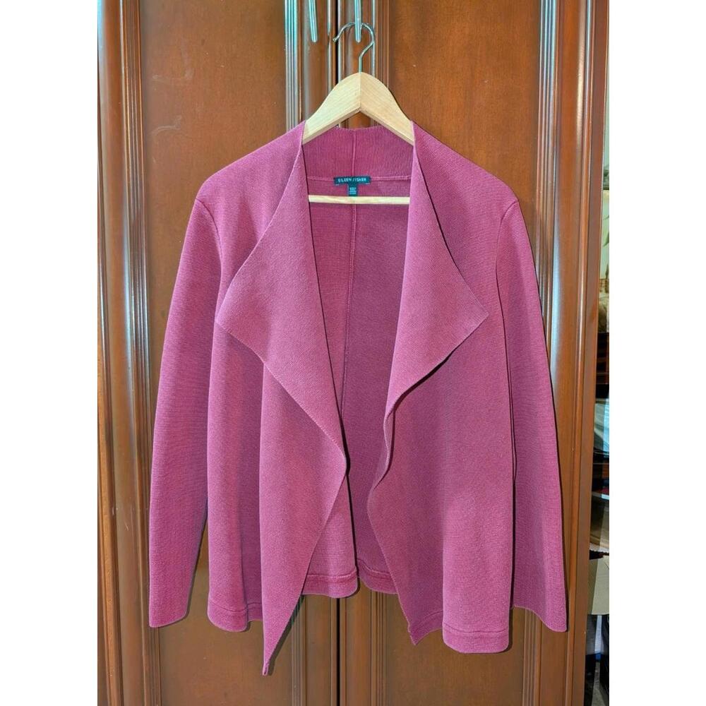 Eileen Fisher Large Cotton Burgandy Drape Open Cardigan Classic Layer Cabin